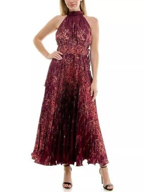 Taylor Sunburst Pleated Halter Neck Maxi Floral Formal Party Dress Size 4